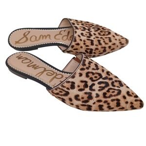 Sam Edelman Rumi Leopard Calf Hair Pointed Toe Mules Tan Black Womens 7.5M Flat